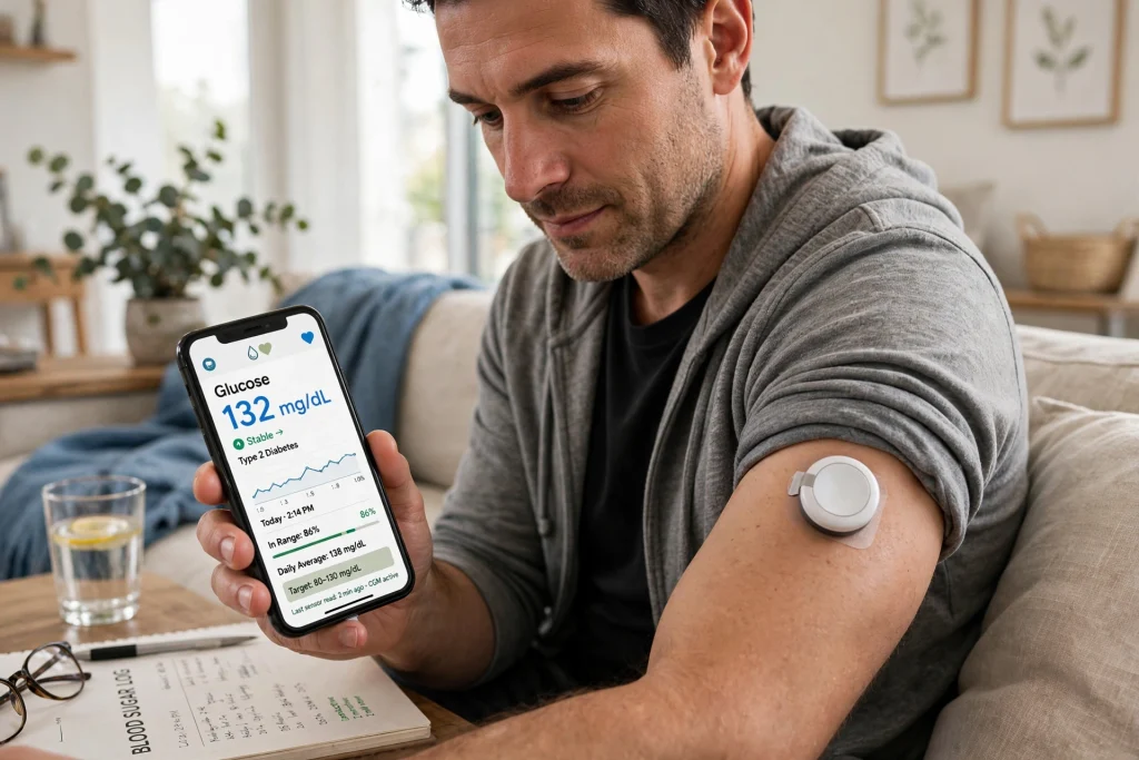 Adult with type 2 diabetes checking readings from a continuous glucose monitor on a smartphone