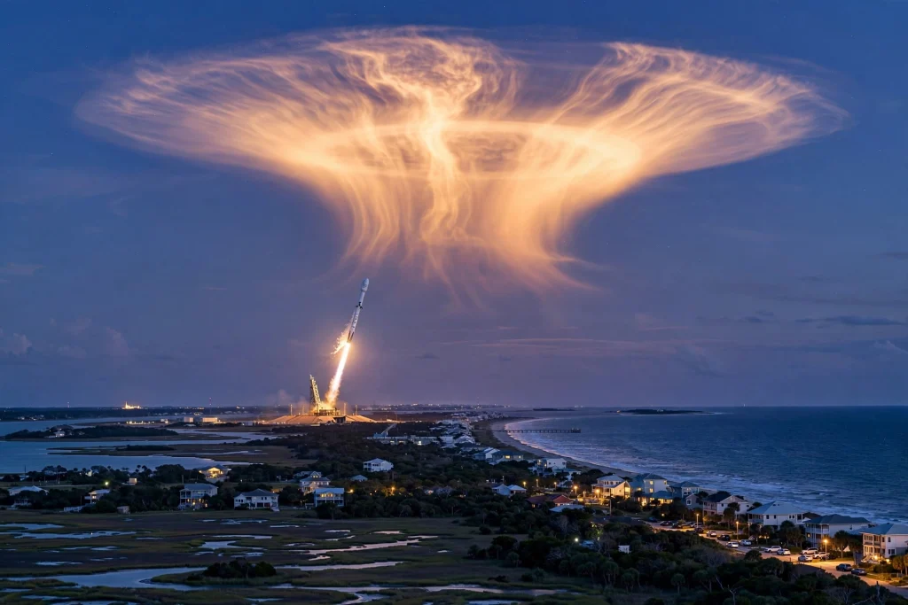 SpaceX rocket launch creating a glowing jellyfish cloud in the twilight sky over the US east coast